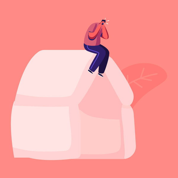 Мужской персонаж страдает от шумового загрязнения. Социальная проблема большого города Мач Хаббуб на улице. Жилец сидит на крыше покрытия уши, чтобы прекратить слышать громкие звуки и звон в ушах. Вектор мультипликации
