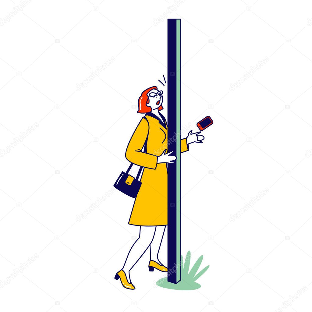 Thoughtless Female Character Bump into Pole on Street while using Smartphone. Human Carelessness, Harmful Gadget Impact Concept. Unmindful Woman Ignoring Danger on Road. Linear Vector Illustration