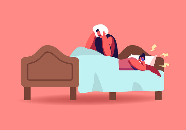 Husband Suffering of Sleeping Wife Snoring. Female Character Snore at Night Sleep. Breathing Disease, Noise Pollution Asleep Angry Man Cover Ears with Pillow in Bed. Cartoon People Vector Illustration