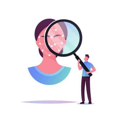 Biyometrik Tanımlama için Çokgen Süsleme ile Yüzündeki Büyüteçten Bakan Küçük Erkek Karakteri