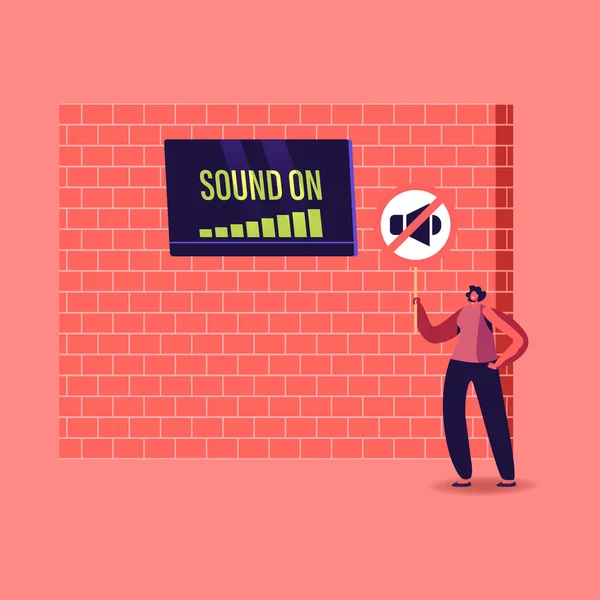 Γυναικείος χαρακτήρας Stand at Brick Wall με τηλεόραση στο High Level Sound On και το σύμβολο του Megaphone υποφέρουν από ηχορύπανση — Διανυσματικό Αρχείο