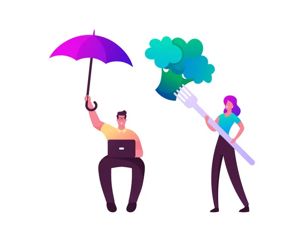 Zaspokojenie ludzkich potrzeb Koncepcja. Kobieta trzymać ogromny widelec z brokułami, mężczyzna pracuje na laptopie pod parasolem — Wektor stockowy