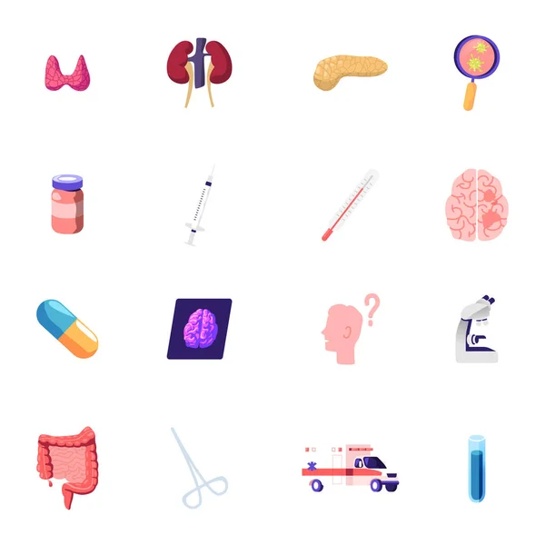 Sada ikon štítná žláza, ledviny a lupa s virovými buňkami, lahvička s léky, stříkačka a teploměr, mozek — Stockový vektor