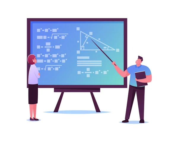 Des scientifiques masculins se tiennent debout au tableau en essayant de résoudre la formule ou l'équation mathématiques — Image vectorielle