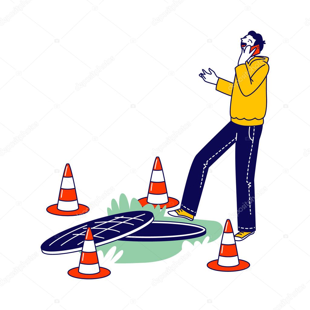 Human Carelessness Concept, Unmindful Male Character Step into Road Manhole Speaking by Smartphone