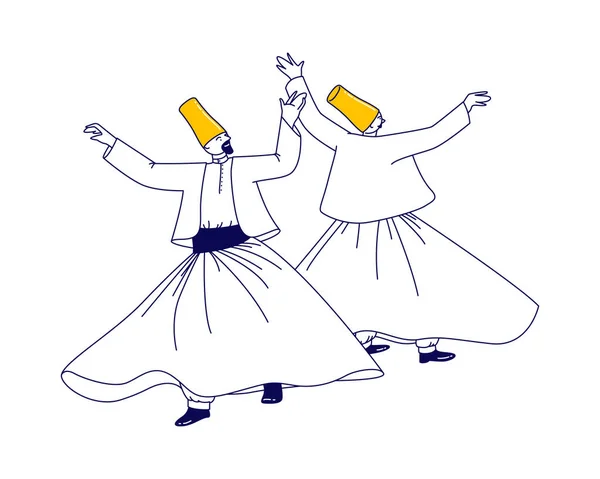 Wirbelnde Derwischfiguren in traditionellem Outfit tanzen arabisch-türkischen Tanz isoliert auf weißem Hintergrund — Stockvektor