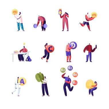 Vitamin ve mikroelementleri uygulayan insanlar. Erkek ve Kadın Karakterler Çalışması, Spor Egzersizleri