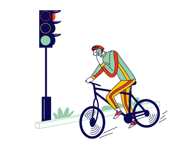 Careless Biker Male Character Riding Bicycle on City Road Speaking by Smartphone Ignoring Traffic Light — Stock Vector