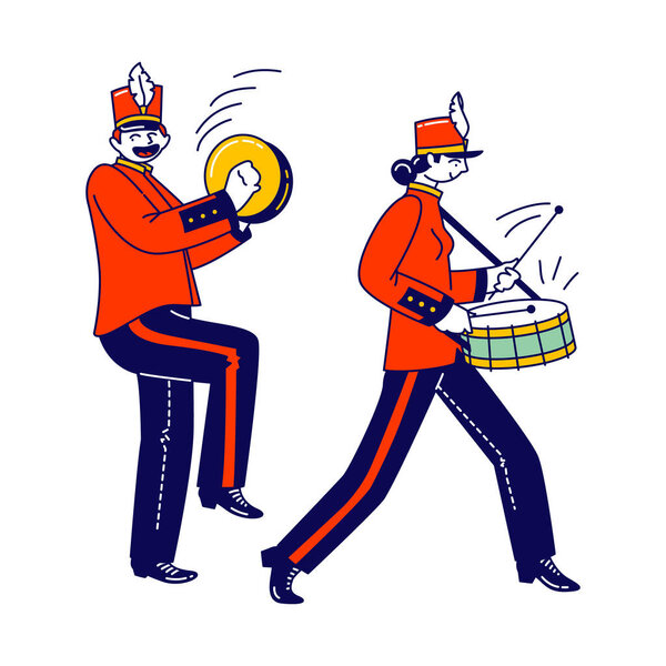 Military Orchestra Characters Wear Festive Red Uniform and Hats with Plumage Playing Orchestral Brass Plates