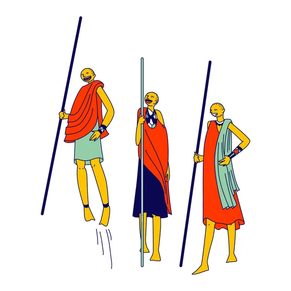 Женщины-персонажи Масаи выполняют традиционный прыжок на белом фоне. Этнические африканские племена, вооруженные копьями — стоковый вектор