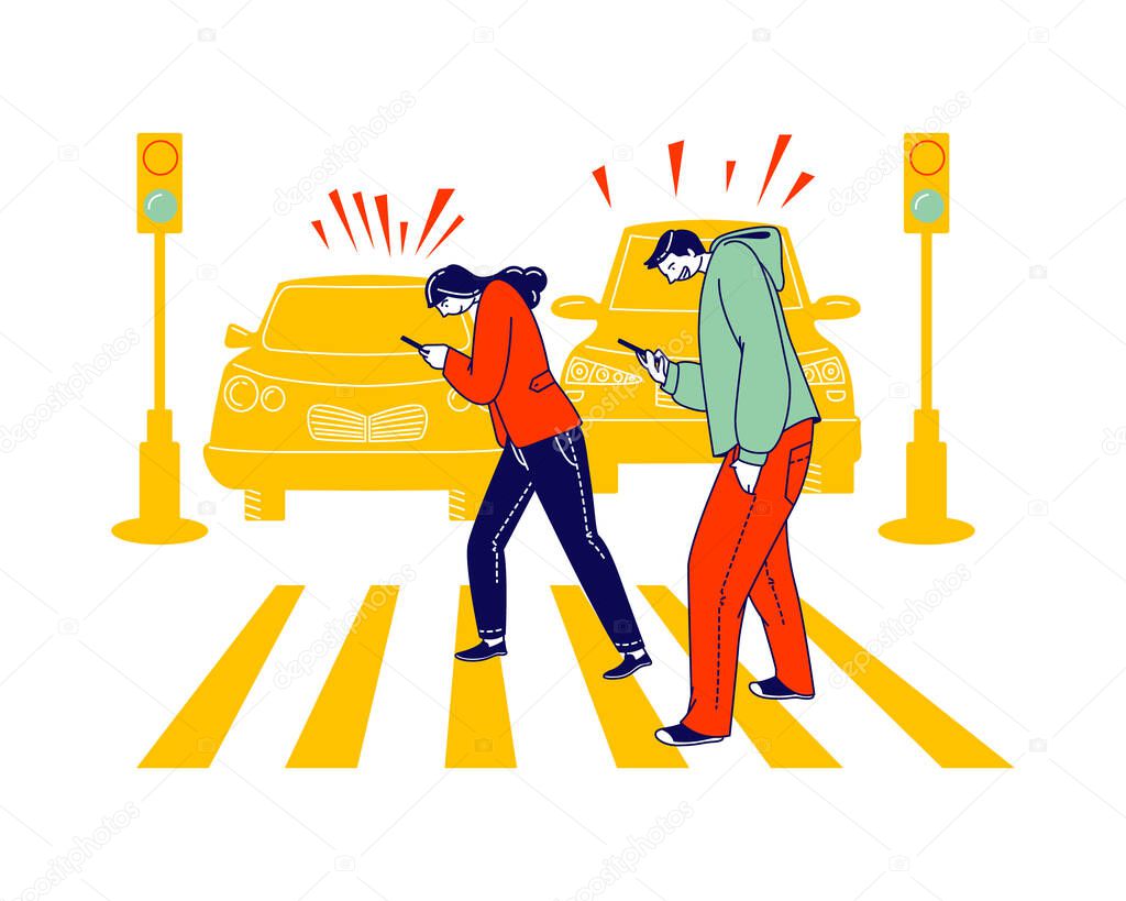 Careless Characters Using Smartphone while Crossing City Road Ignoring Traffic Light and Cars Signaling