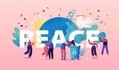 International Day of Peace Concept. Tiny Characters Hugging, Throw Out Gun to Litter Bin around of Earth Globe clipart