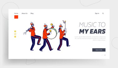 March Landing Page Şablonu ile Yürüyen Müzisyen Karakterleri. Zafer Yürüyüşü Kutlaması, Askeri Orkestra