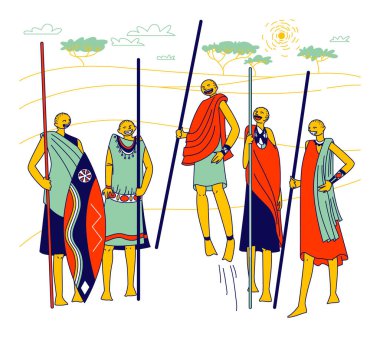 Afrika, Kenya 'daki Samburu Kabilesi' nden Masai Karakterleri, Afrikalı Kadın ve Erkekler. Ulusal Kostümlü Savaşçılar Grubu