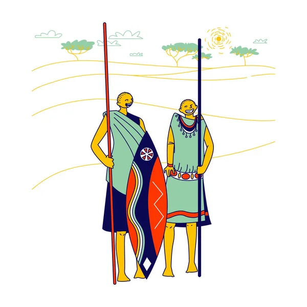 Персонажи Масаи, одетые в традиционную одежду и вооруженные копьём и щитом, стоят на фоне африканского пейзажа — стоковый вектор