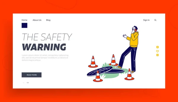 Skadlig Gadget Impact Landing Page Mall. Människa oaktsamhet, Omedveten Man karaktär kliva in Road Manhole — Stock vektor