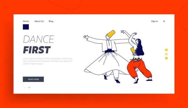 Arabski Dance Landing Page Szablon. Whirling Dervish w tradycyjnym stroju i dziewcząt w arabskim tańcu sukienka — Wektor stockowy