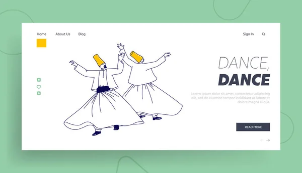 Arabski turecki Dance Landing Page Szablon. Wirujące postacie Dervish w tradycyjnym stroju Taniec — Wektor stockowy