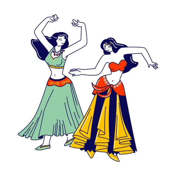 Chicas en hermosos vestidos árabes y joyas bailando danza del vientre con las manos levantadas. Personajes de mujeres de harén — Archivo Imágenes Vectoriales