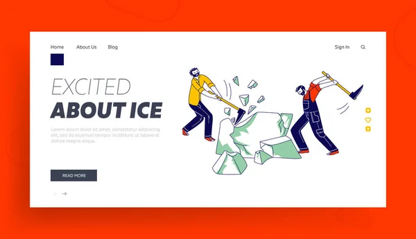 Ice Mining Landing Page Template (em inglês). Personagens quebrando enorme bloco de gelo usam picaretas para distribuição para restaurantes —  Vetores de Stock