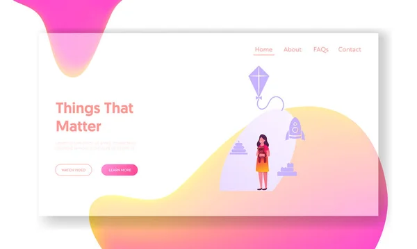 Modèle de page d'atterrissage de segmentation du marché. Petite fille tenant jouet entouré d'icônes de cerf-volant — Image vectorielle