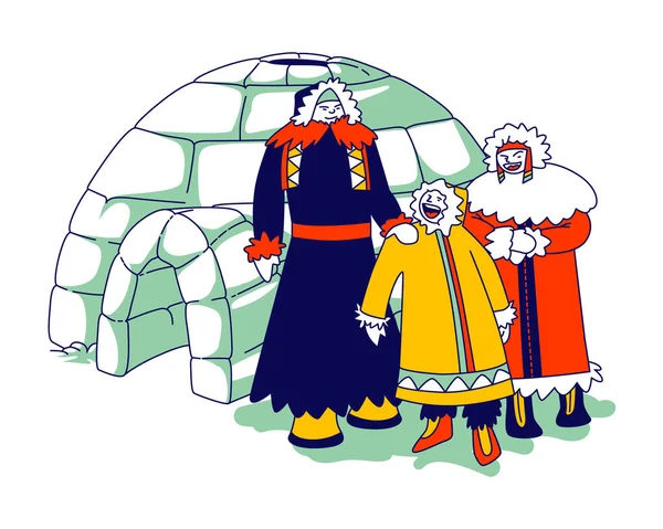 Eskimos Familienfiguren in traditioneller warmer Kleidung stehen vor Iglu aus Eisstücken. Leben im hohen Norden — Stockvektor