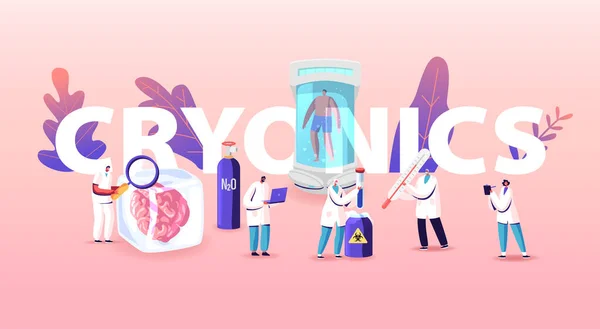 แนวคิดเทคโนโลยี Cryonics สมัยใหม่ ตัวละครนักวิทยาศาสตร์พัฒนาอุปกรณ์ไฮเบอร์เนตในอนาคตกล้อง cryogenic — ภาพเวกเตอร์สต็อก