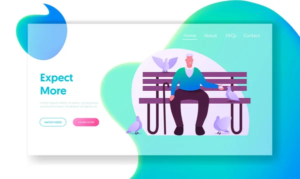 Κοινωνία Old People Group Market Segmentation Landing Page πρότυπο. Senior Man Sitting on Bench στο Πάρκο — Διανυσματικό Αρχείο