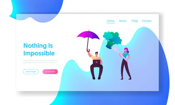 Satisfação de Necessidades Humanas Landing Page Template. Mulher segurar enorme garfo com brócolis, homem trabalhando no laptop — Vetor de Stock