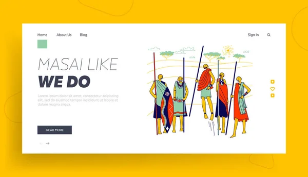 Masai Africano Personagens Landing Page Template. Grupo de Guerreiros Africanos da Tribo Samburu no Quênia —  Vetores de Stock