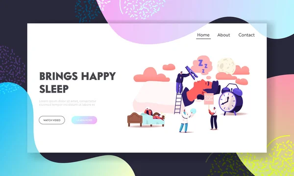 Snore Landing Page Template (en inglés). Pequeños personajes que duermen en la cama y sufren ronquidos, hombre despierto enojado — Archivo Imágenes Vectoriales