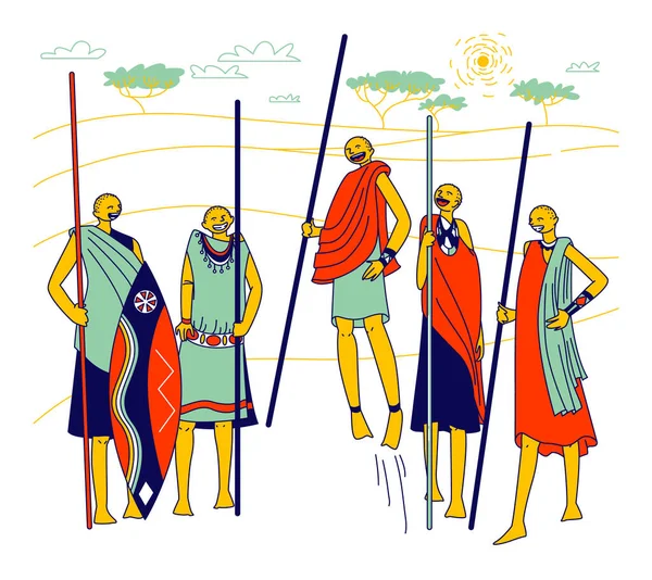 Masai Characters, African Men and Women from Samburu Tribe in Kenya, Africa. Skupina bojovníků v národních kostýmech — Stockový vektor