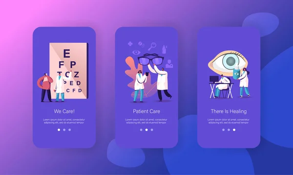 Oculista Vista Ocular Checkup Mobile App Page Plantilla de pantalla a bordo. Pequeños Oftalmólogos Personajes Médicos — Vector de stock