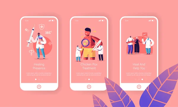 Kyckling Pox Varicella Symptoms Mobile App Page Ombord Screen Mall. Liten läkare tecken med saker — Stock vektor