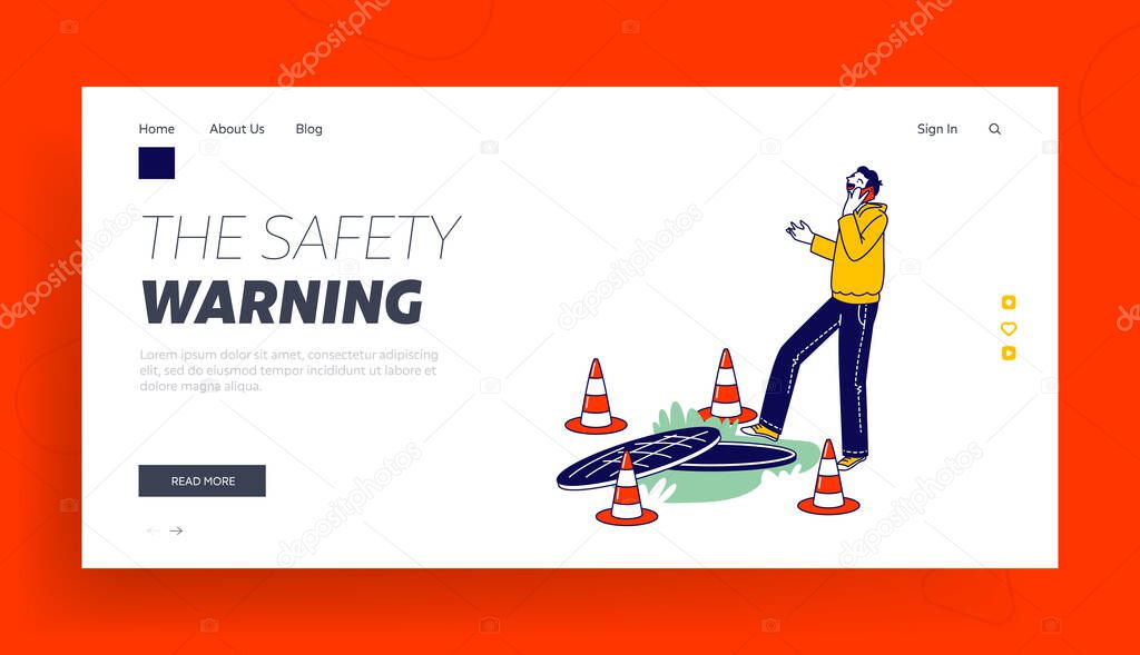 Harmful Gadget Impact Landing Page Template. Human Carelessness, Unmindful Male Character Step into Road Manhole