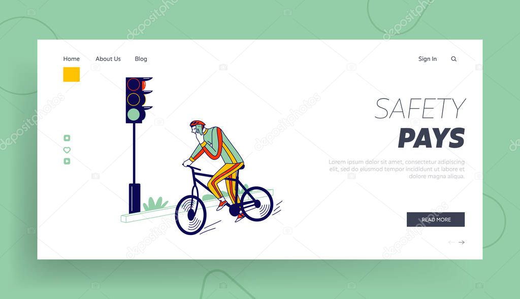 Human Carelessness Landing Page Template. Careless Biker Character Riding Bicycle on City Road Speaking by Smartphone