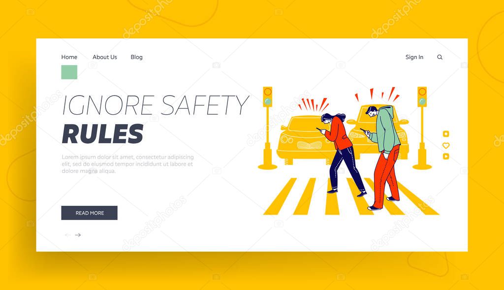 Human Carelessness Landing Page Template. Careless Characters Using Smartphone while Crossing City Road