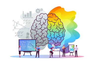 Yaratıcı ve Mantıklı Düşünme Konsepti. Dev İnsan Beyni 'nde Minik Erkek ve Kadın Karakterler