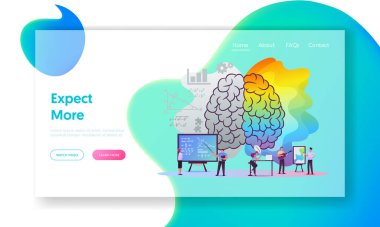 Yaratıcı ve Mantıklı Düşünen İniş Şablonu. Dev İnsan Beynindeki Küçük Karakterler Sol ve Sağ Parça Ayrılır