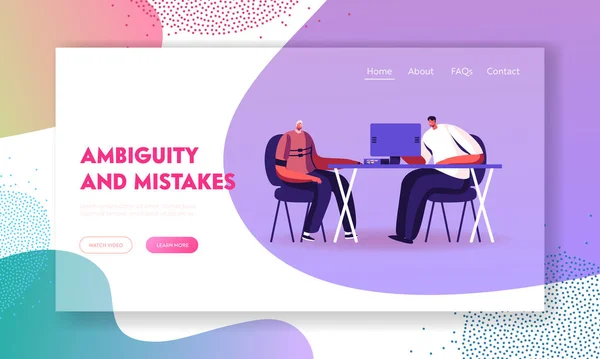 Manlig karaktär passera lögndetektortest för anställning eller polisförhör landning sida mall — Stock vektor
