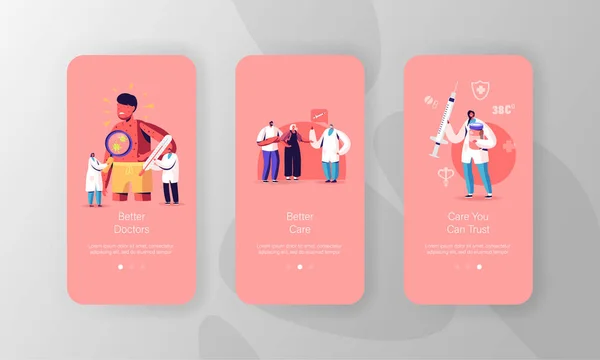 チキンポックスモバイルアプリページオンボード画面テンプレート。小さな医師の文字バリチェラ症状を持つ巨大な男の子を見て — ストックベクタ