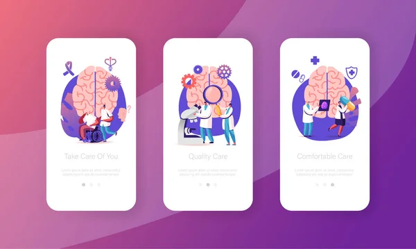 Alzheimer e doença de demência sintomas Mobile App Page Modelo de tela a bordo. Caráter de doutor minúsculo — Vetor de Stock