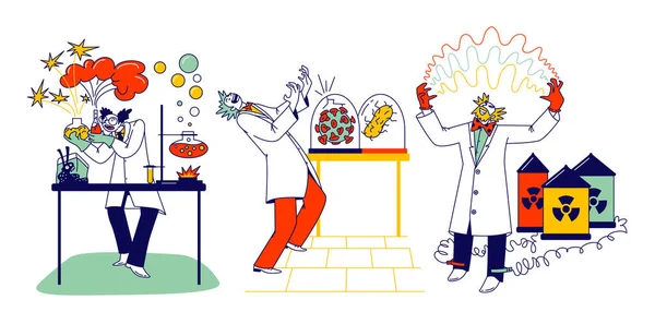 Crazy Chemist Characters, Mad Scientist Διεξαγωγή πειραμάτων σε Επιστημονικό Εργαστήριο με Καρύδια Έκφρασης στο Πρόσωπο — Διανυσματικό Αρχείο