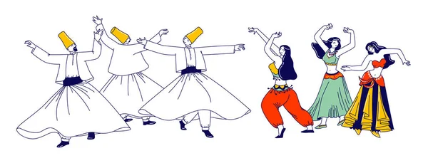 Girando Dervish em roupas tradicionais e meninas em vestido árabe e jóias dançando danças árabes com as mãos levantando — Vetor de Stock
