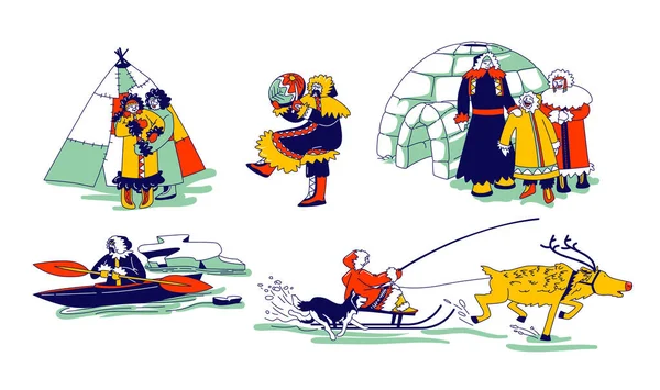 Эскимосские персонажи в традиционной одежде и арктических животных оленей и собак. Мать, отец и ребенок из семьи Эскимау — стоковый вектор