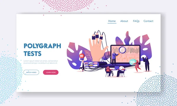 Plantilla de Landing Page de prueba de polígrafo. Pequeños personajes en enormes medidas fisiológicas informáticas — Archivo Imágenes Vectoriales