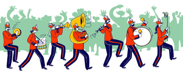 Персонажи военного оркестра в праздничной красной униформе и шляпах с плюмажем, играющие на тромбоне
