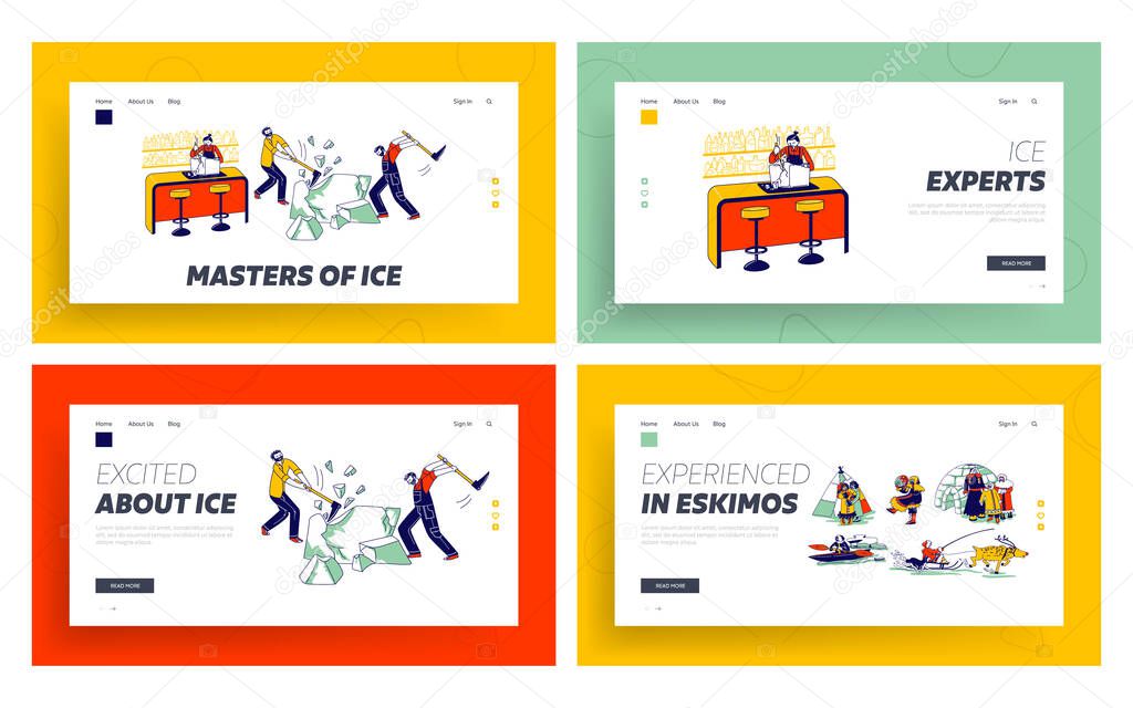 Eskimos Characters Life, Breaking Ice Landing Page Template Set. Bartender Splits Iced Block for Cocktails
