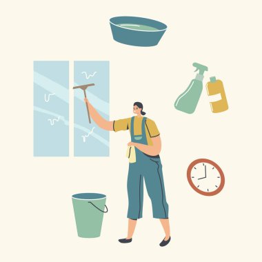 Temizlik Hizmetleri Konsepti. Üniformalı Kadın Karakteri Pencere Kazıyıcı ile Yıkama. İş yerinde ekipmanlı profesyonel temizlik şirketi işçisi. Oda servisi işgali. Doğrusal Vektör İllüstrasyonu