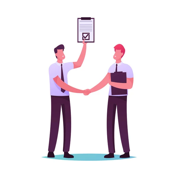 Homens de negócios Personagens Handshaking. Parceiros e Conceito de Parceria. Reunião de Empresários para Discussão de Projetos, Shaking Hands Agreement durante a Negociação. Desenhos animados Pessoas Vector Ilustração — Vetor de Stock